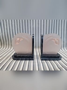 Vintage Art Deco Bookends Frosted Glass Peach Marble Base Pair